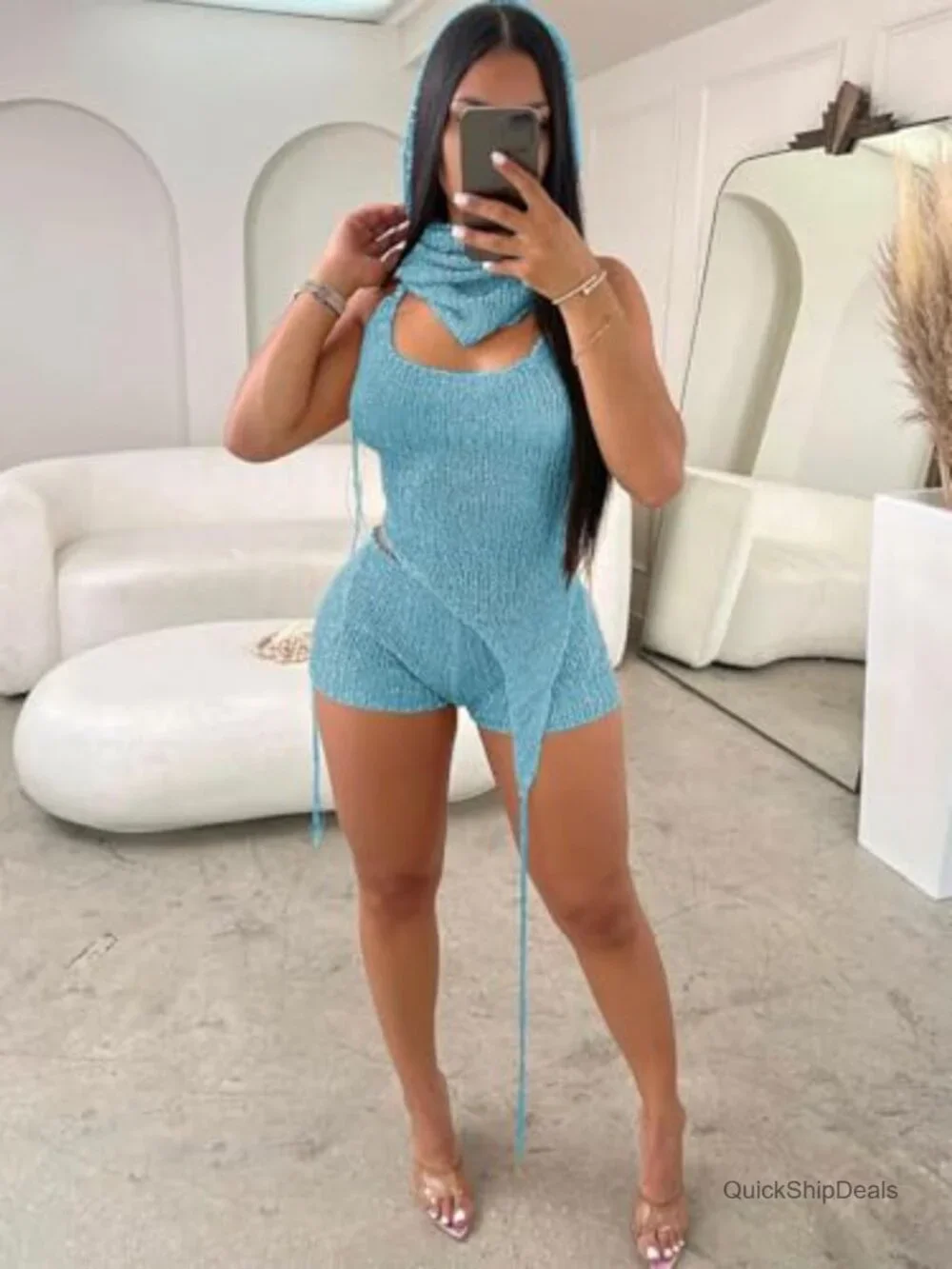 Sequin Knit Backless Halter Top Crochet Shorts Set with Matching Rave Hood
